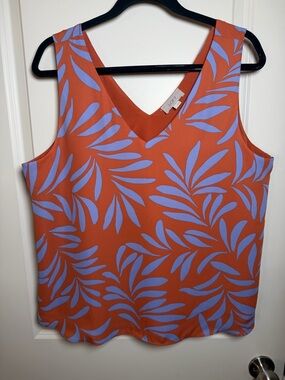 LOFT Rust Orange V-Neck Sleeveless Top with Lavender Leaf Print